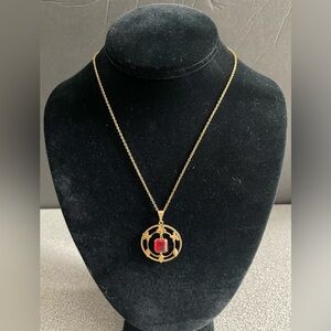 Vintage Gold Plated & Red Glass Pendant Necklace